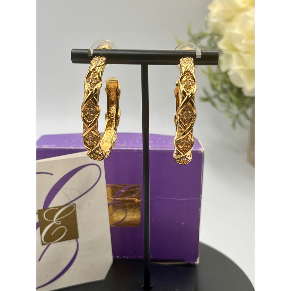 Elizabeth Taylor Avon‎ Signed 1990 Vintage Gold Plated Pave Crystal Hoop Earring